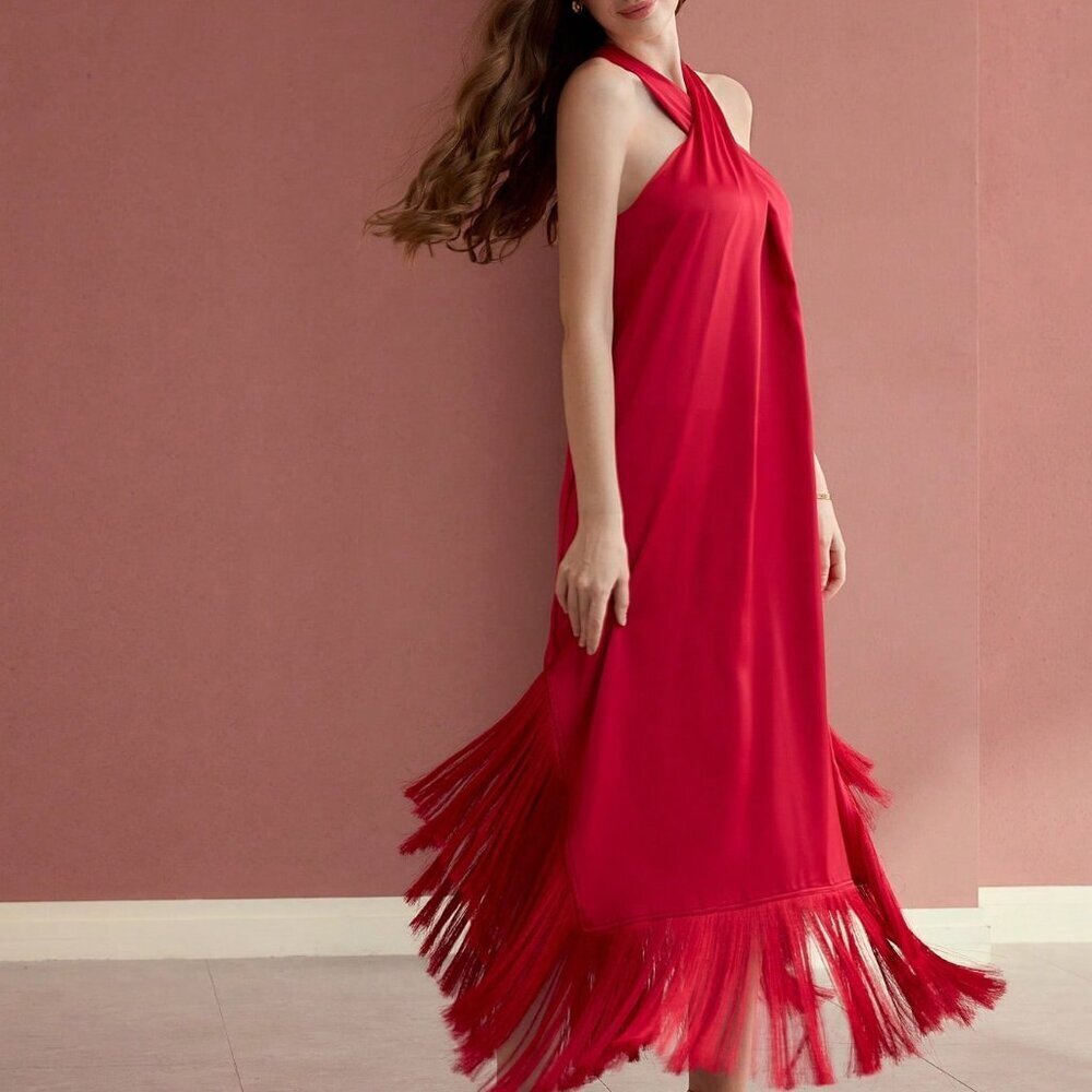 Red Elegant Women's Halter Fringe Hem Dress